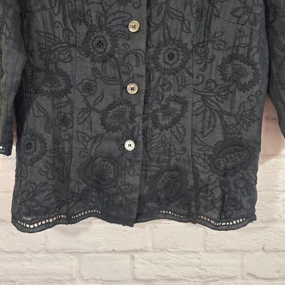 W Bogner Black Floral Embroidered Linen Button Down Top Women's Size 10 Artsy - Picture 4 of 10